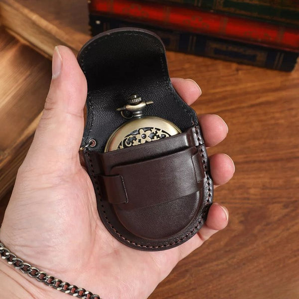 Etui cuir  marron avec chaine pour montre gousset neuf
