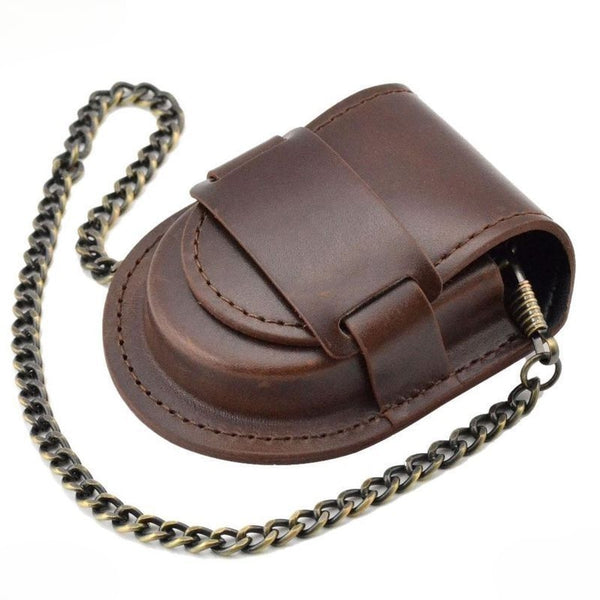 Etui cuir  marron avec chaine pour montre gousset neuf