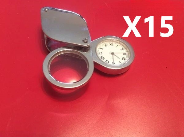 Loupe métal  Horloger/Bijoutier pliable grossi X15 fois avec montre quartz neuve