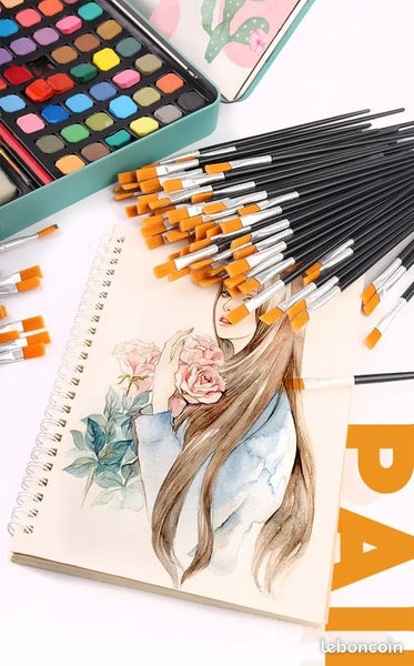 10 pinceaux plats de dessin manche en bois neuf