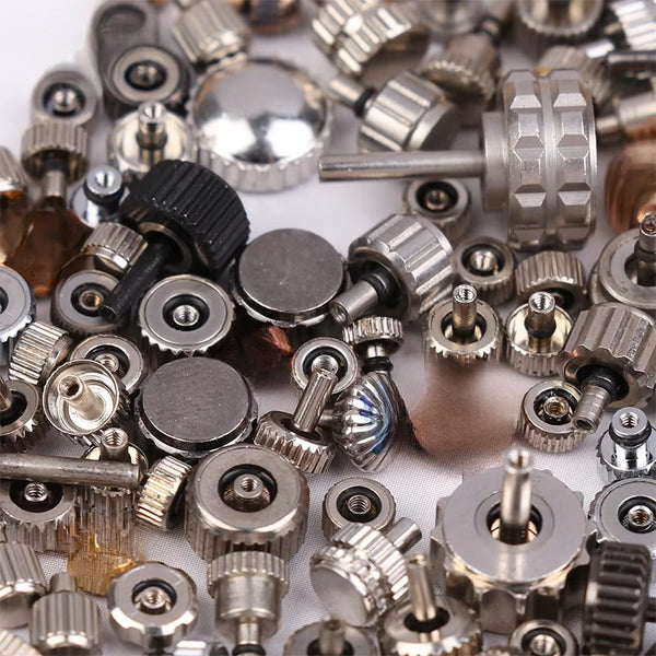 Lot d'assortiment de 100 couronnes métal chromées pour montres neuf
