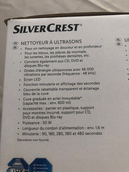 Nettoyeur ultrasons minuterie silvercrest neuf et garantie